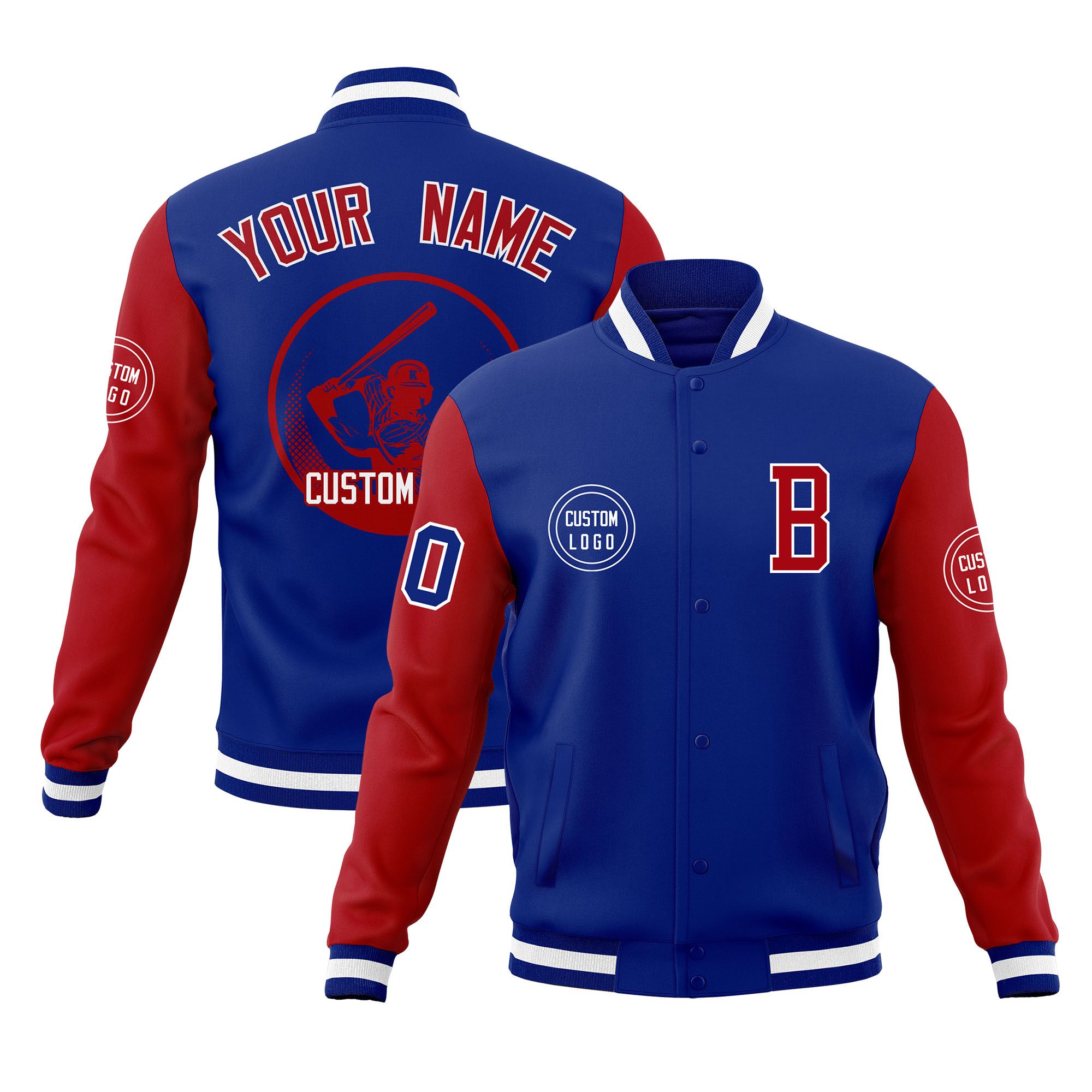 Custom Royal Red Raglan Sleeves Full-Snap Varsity Personalized Letterman Baseball Coats Jacket