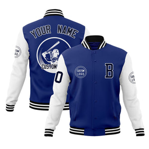 Custom Royal White Raglan Sleeves Full-Snap Varsity Personalized Letterman Baseball Coats Jacket