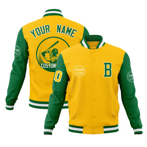 Custom Gold Kelly Green Raglan Sleeves Full-Snap Varsity Personalized Letterman Baseball Coats Jacket