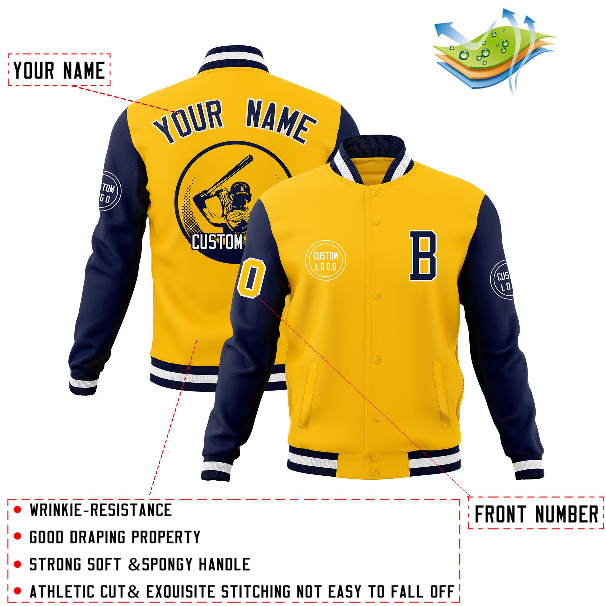 Custom Gold Navy Raglan Sleeves Full-Snap Varsity Personalized Letterman Baseball Coats Jacket