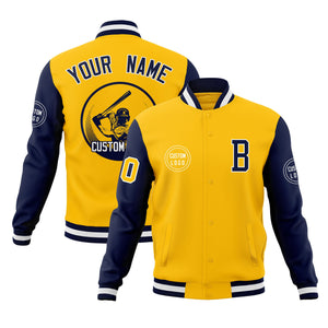 Custom Gold Navy Raglan Sleeves Full-Snap Varsity Personalized Letterman Baseball Coats Jacket