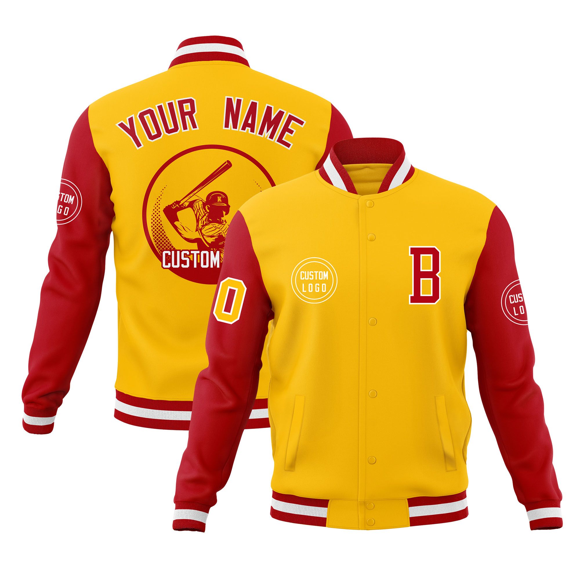 Custom Gold Red Raglan Sleeves Full-Snap Varsity Personalized Letterman Baseball Coats Jacket