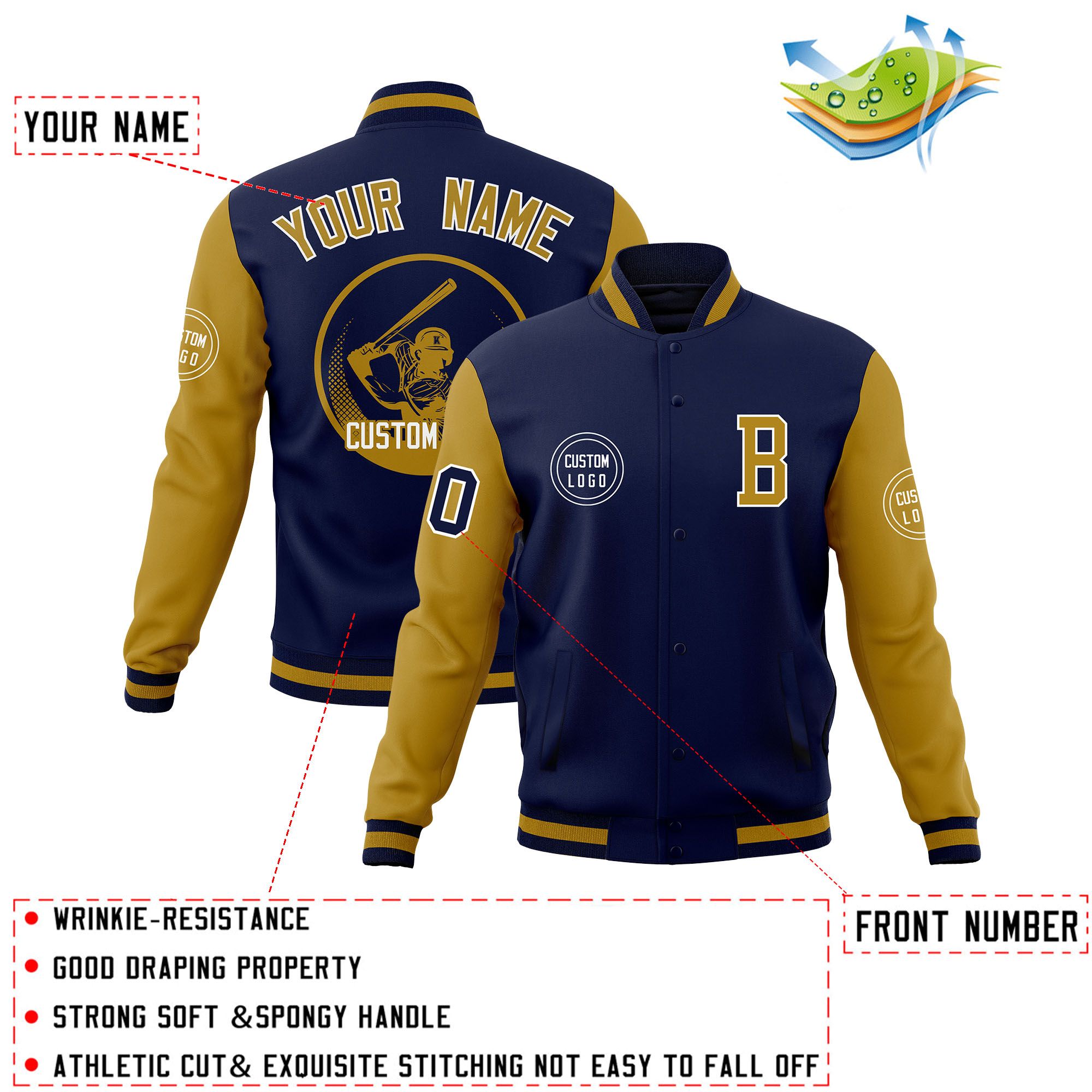 Custom Navy Old Gold Raglan Sleeves Full-Snap Varsity Personalized Letterman Baseball Coats Jacket