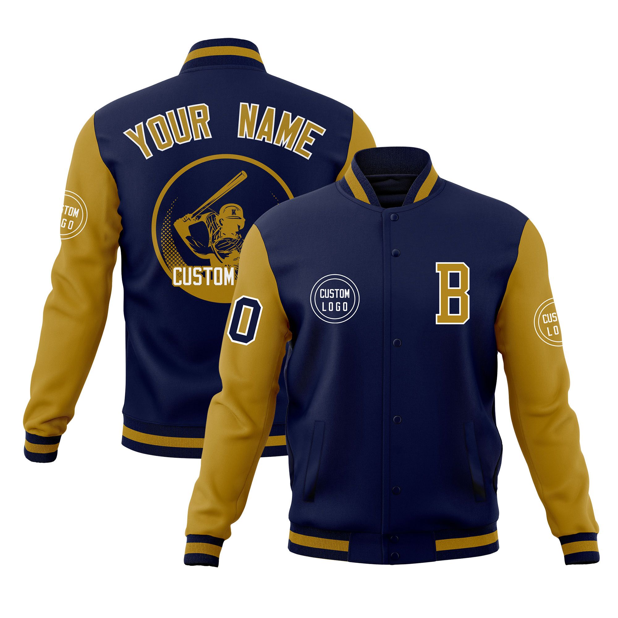 Custom Navy Old Gold Raglan Sleeves Full-Snap Varsity Personalized Letterman Baseball Coats Jacket