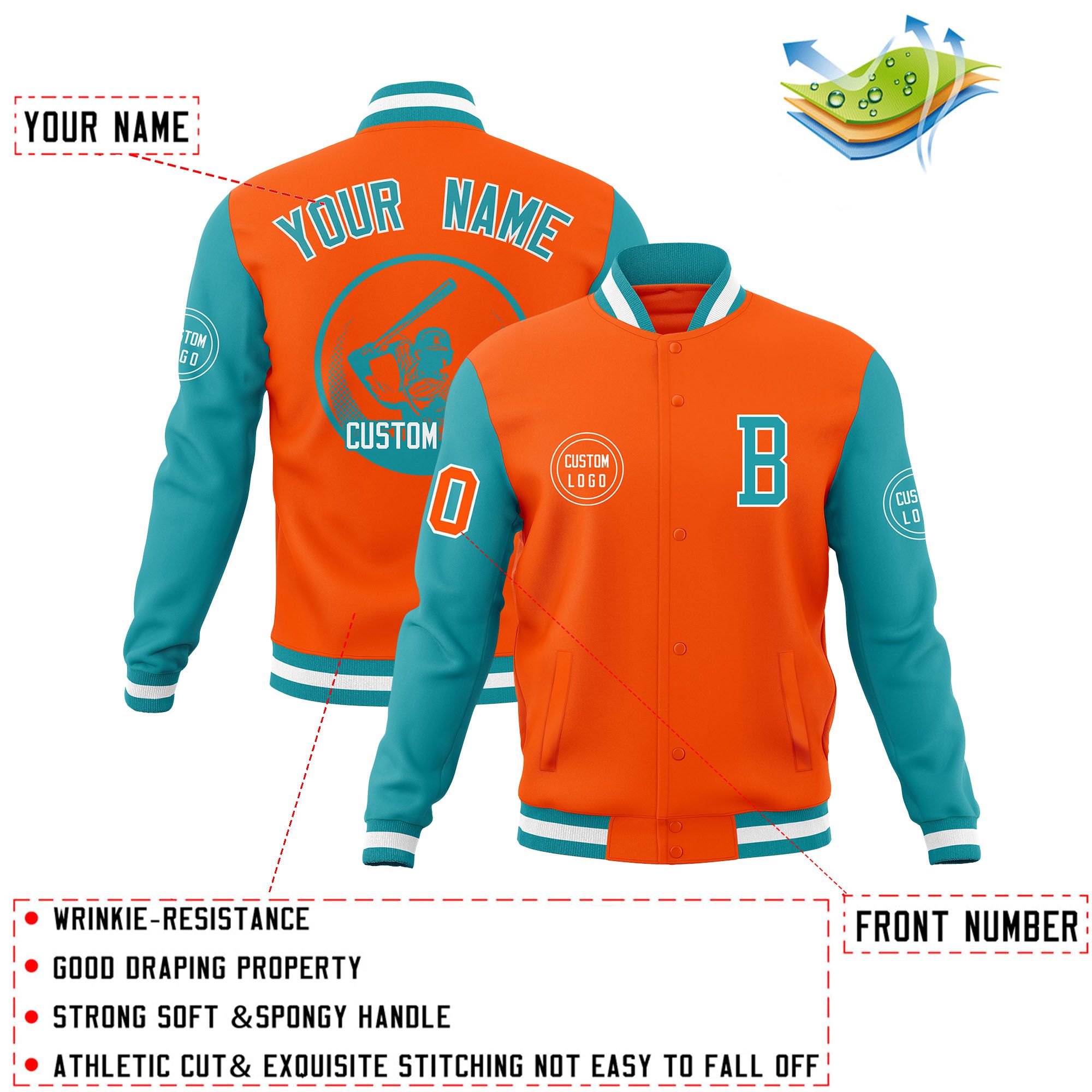 Custom Orange Aqua Raglan Sleeves Full-Snap Varsity Personalized Letterman Baseball Coats Jacket