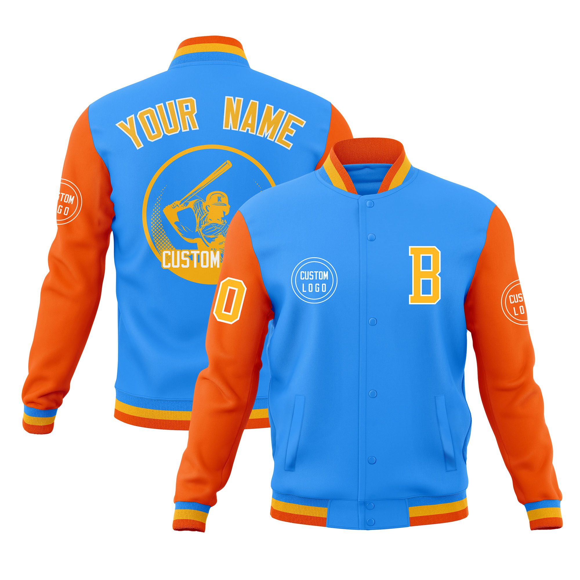 Custom Powder Blue Orange Raglan Sleeves Full-Snap Varsity Personalized Letterman Baseball Coats Jacket