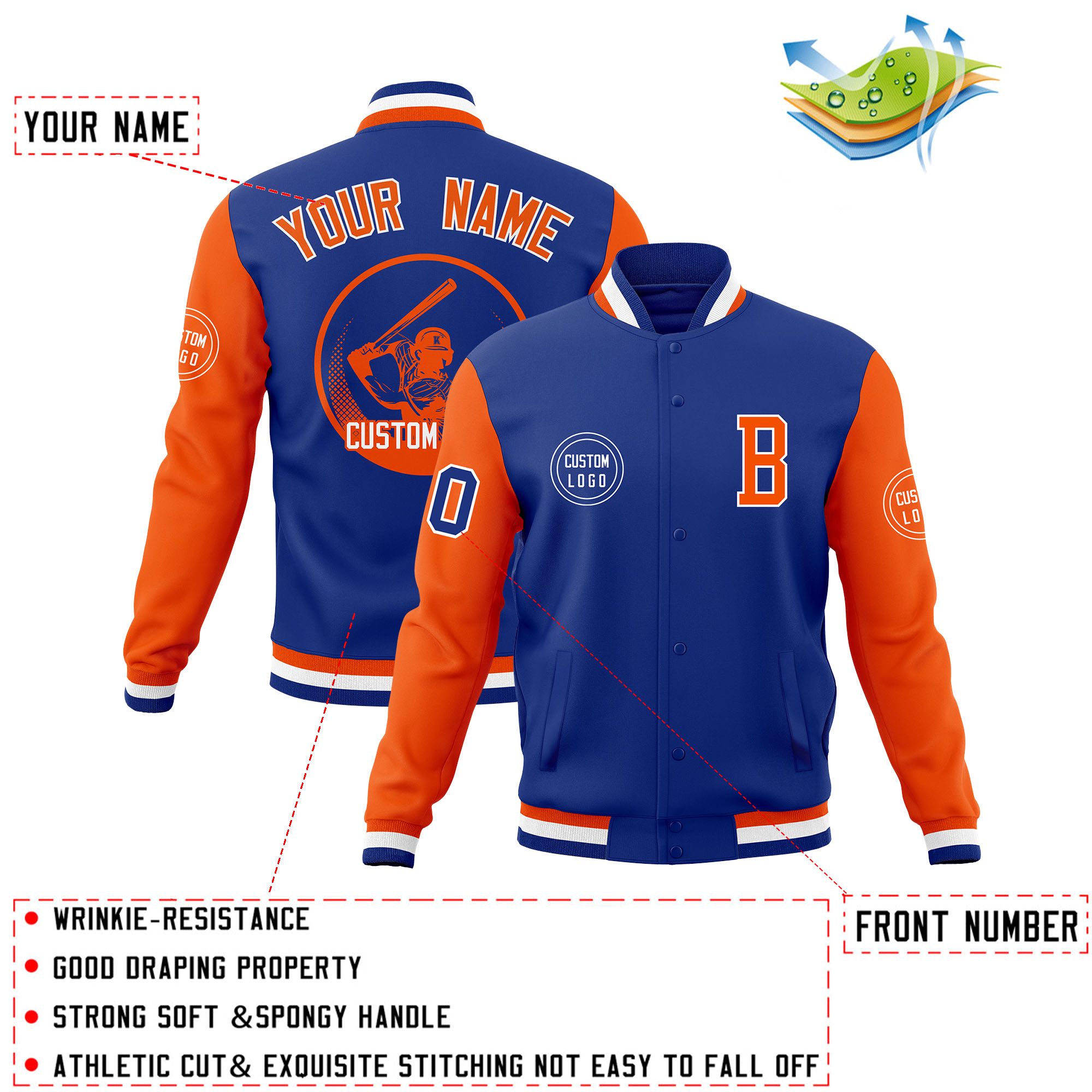 Custom Royal Orange Raglan Sleeves Full-Snap Varsity Personalized Letterman Baseball Coats Jacket