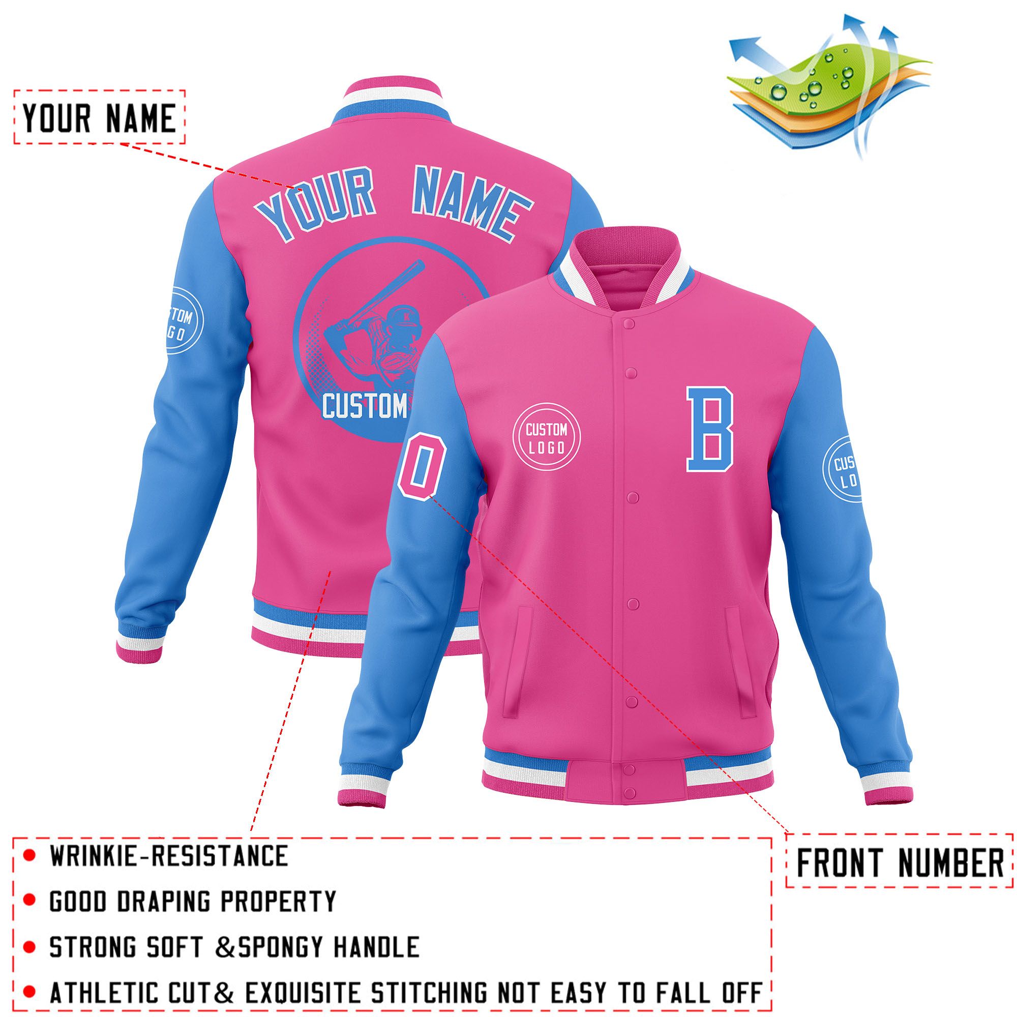 Custom Pink Powder Blue Raglan Sleeves Full-Snap Varsity Personalized Letterman Baseball Coats Jacket