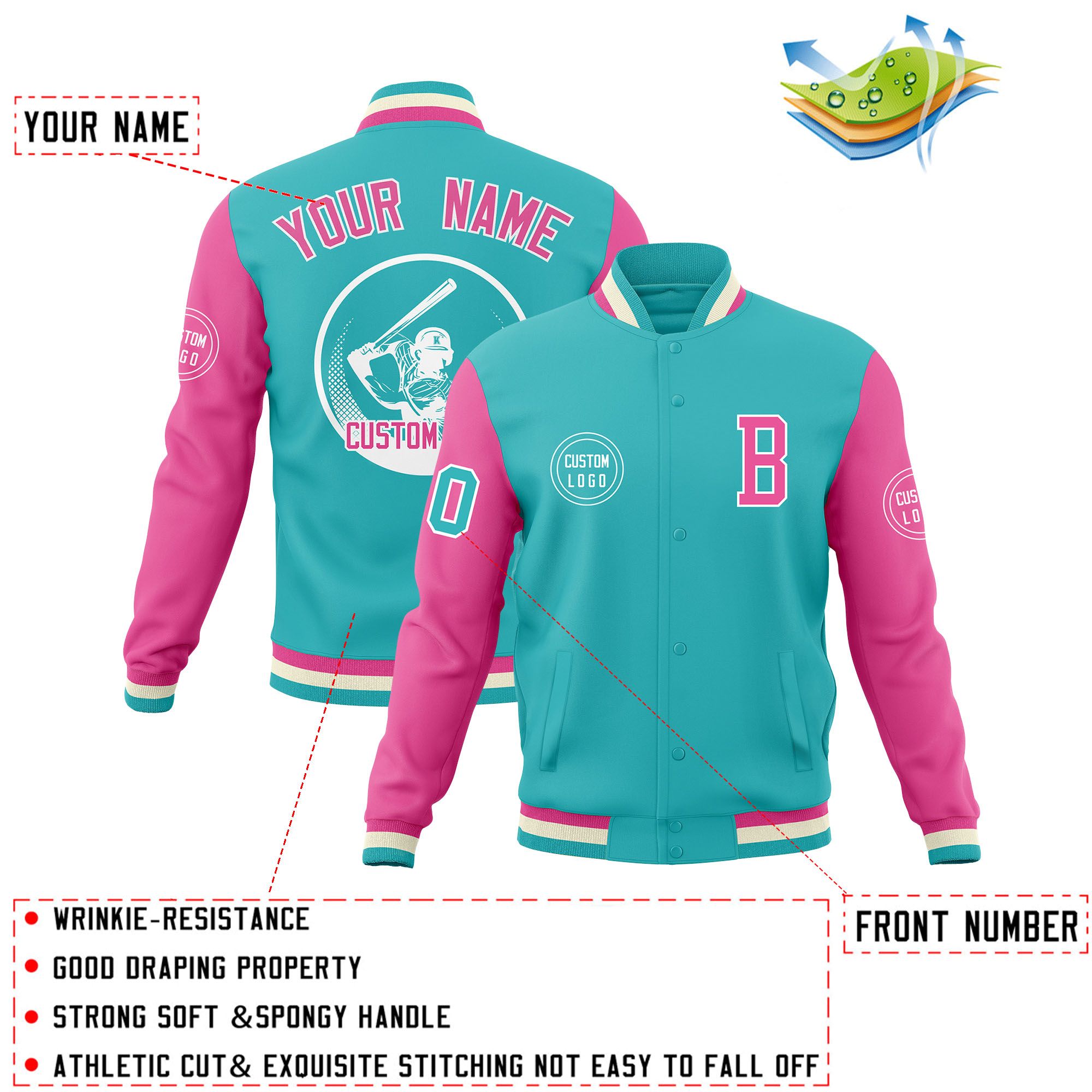 Custom Bright Green Pink Raglan Sleeves Full-Snap Varsity Personalized Letterman Baseball Coats Jacket