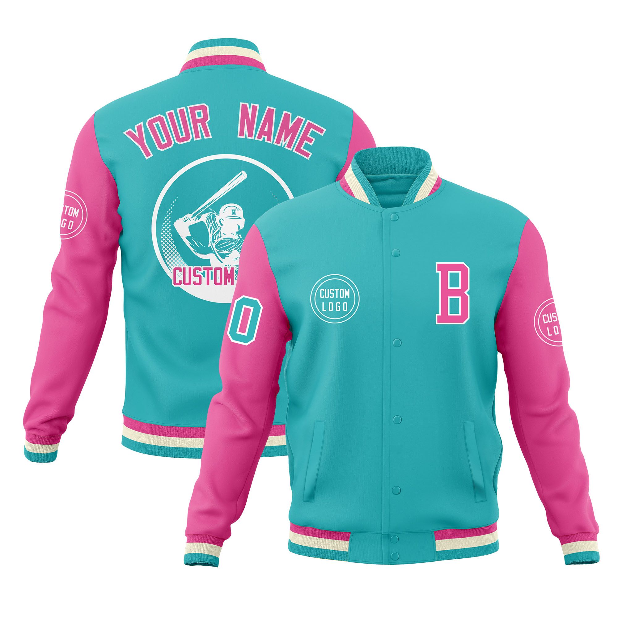 Custom Bright Green Pink Raglan Sleeves Full-Snap Varsity Personalized Letterman Baseball Coats Jacket