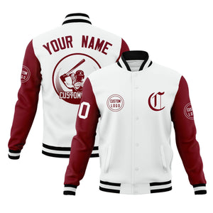 Custom White Crimson Raglan Sleeves Full-Snap Varsity Personalized Letterman Baseball Coats Jacket