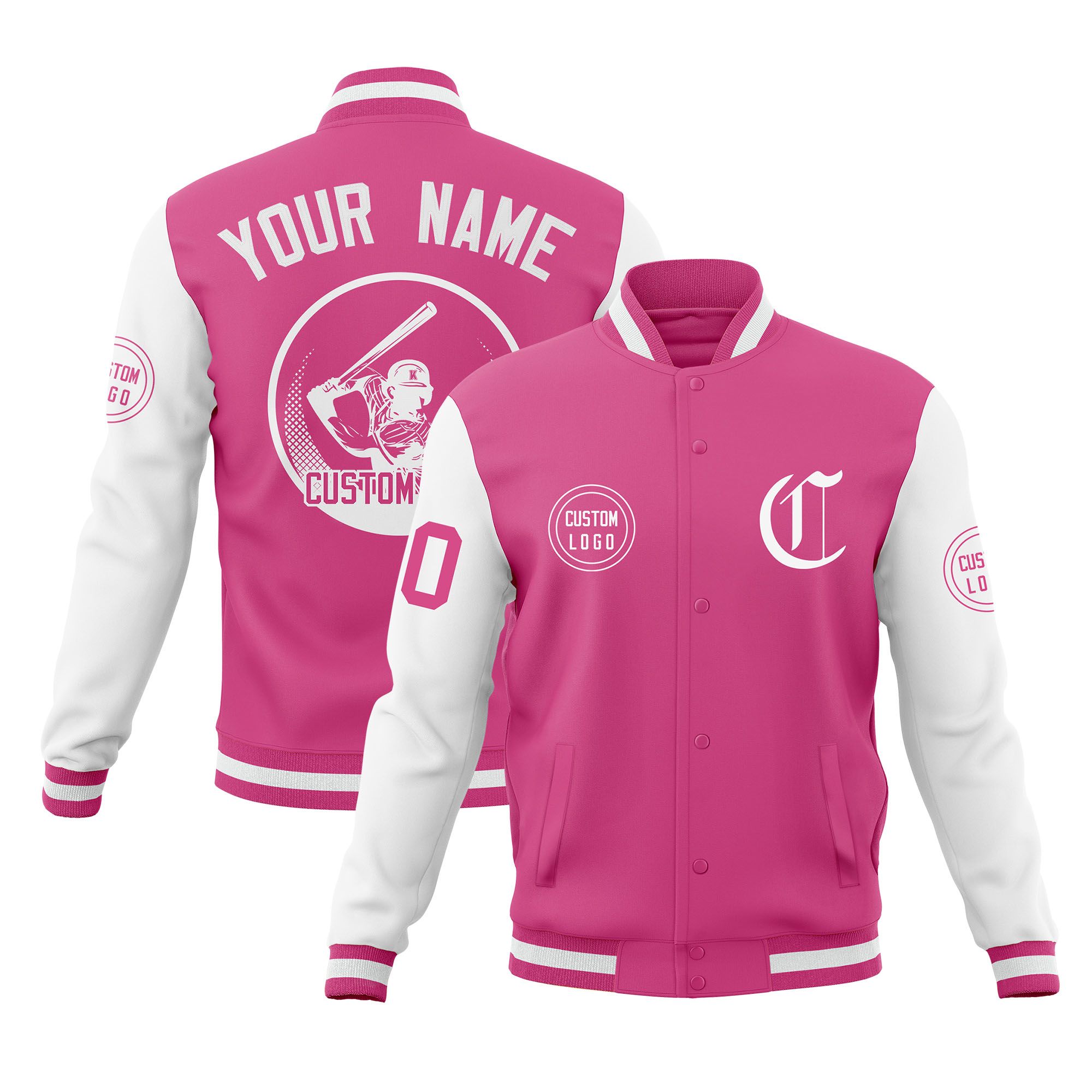 Custom Pink White Raglan Sleeves Full-Snap Varsity Personalized Letterman Baseball Coats Jacket