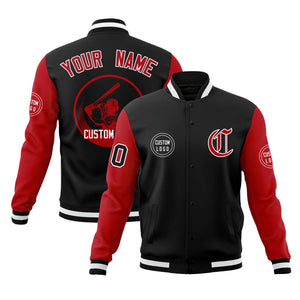 Custom Black Red Raglan Sleeves Full-Snap Varsity Personalized Letterman Baseball Coats Jacket