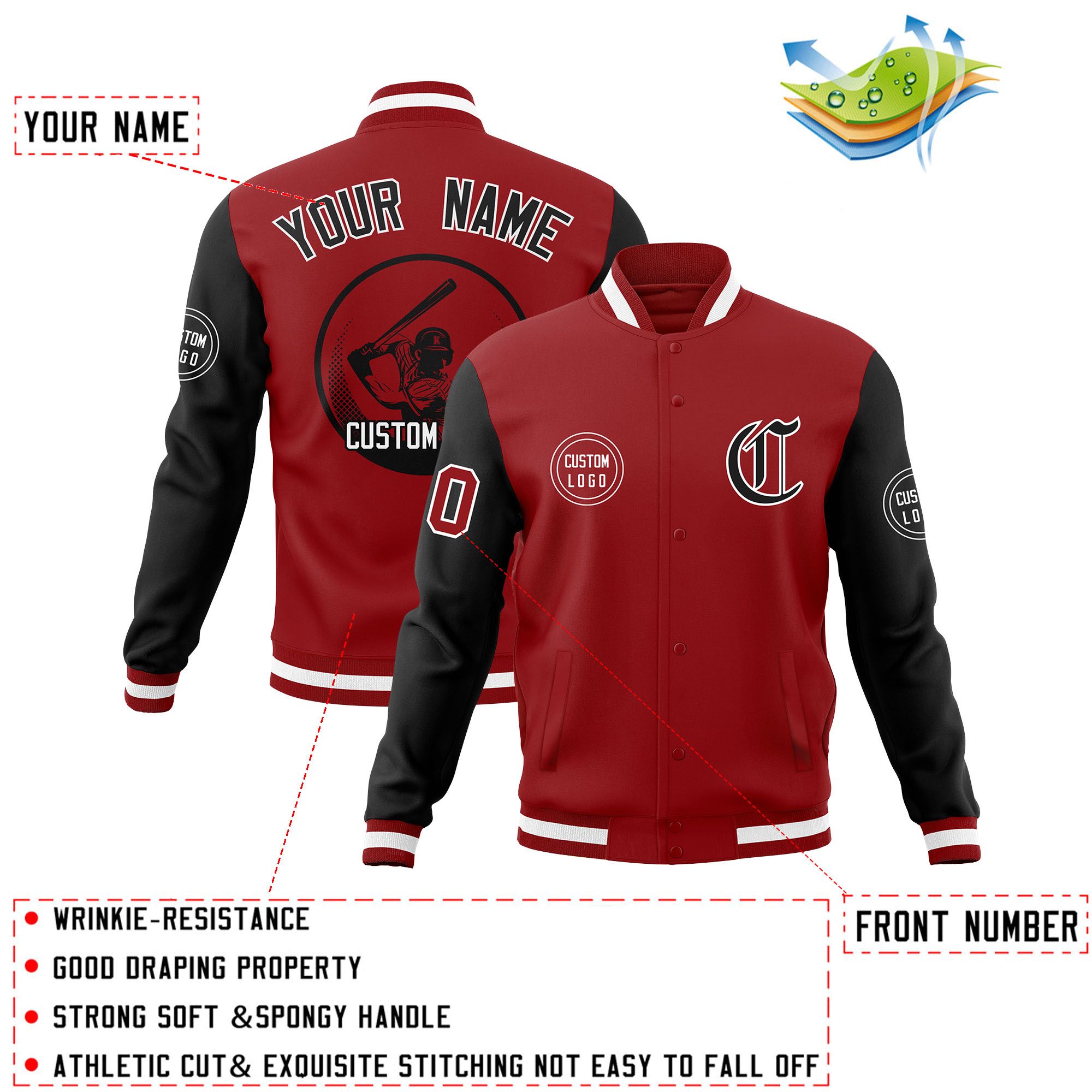 Custom Red Black Raglan Sleeves Full-Snap Varsity Personalized Letterman Baseball Coats Jacket