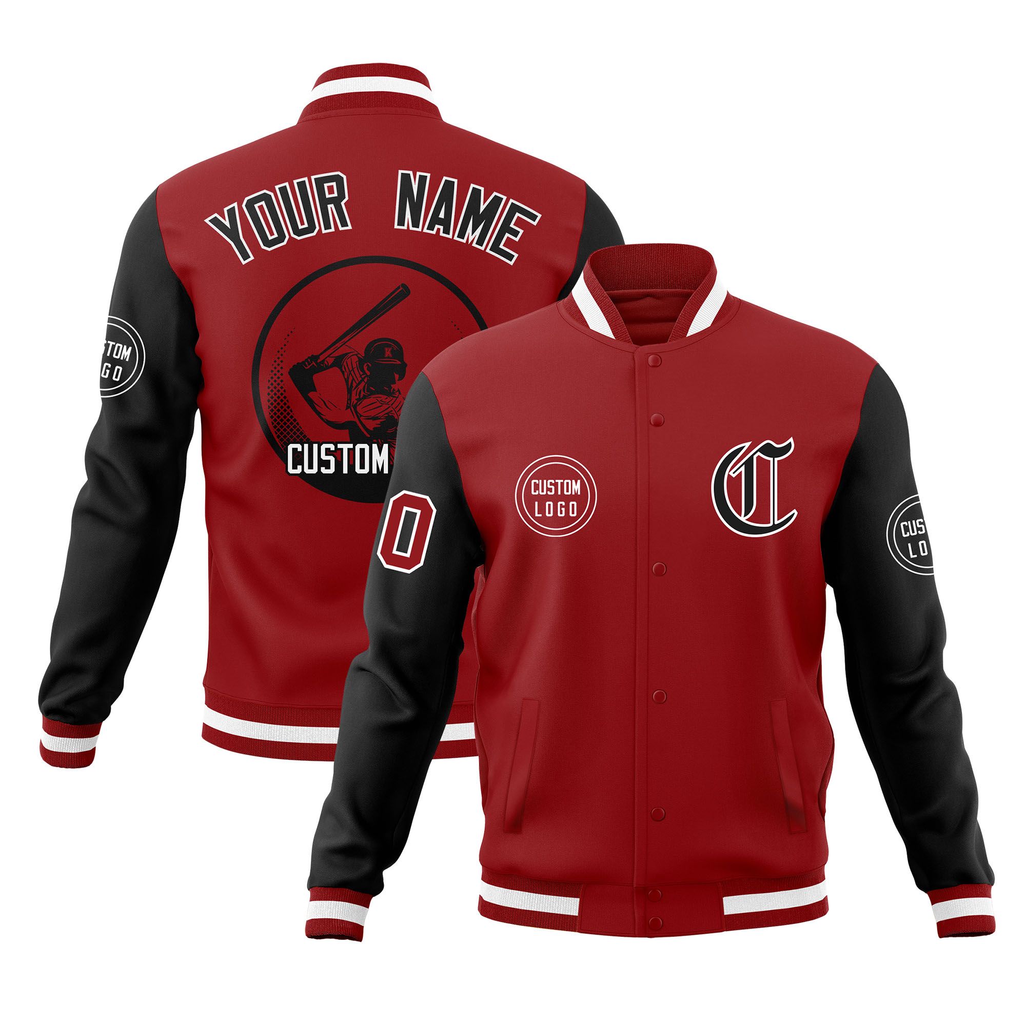 Custom Red Black Raglan Sleeves Full-Snap Varsity Personalized Letterman Baseball Coats Jacket