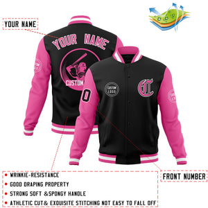 Custom Black Pink Raglan Sleeves Full-Snap Varsity Personalized Letterman Baseball Coats Jacket