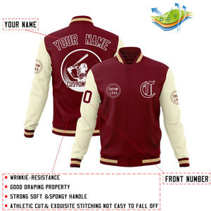 Custom Crimson Khaki Raglan Sleeves Full-Snap Varsity Personalized Letterman Baseball Coats Jacket