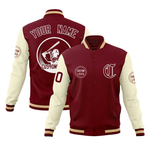 Custom Crimson Khaki Raglan Sleeves Full-Snap Varsity Personalized Letterman Baseball Coats Jacket