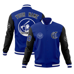 Custom Royal Black Raglan Sleeves Full-Snap Varsity Personalized Letterman Baseball Coats Jacket