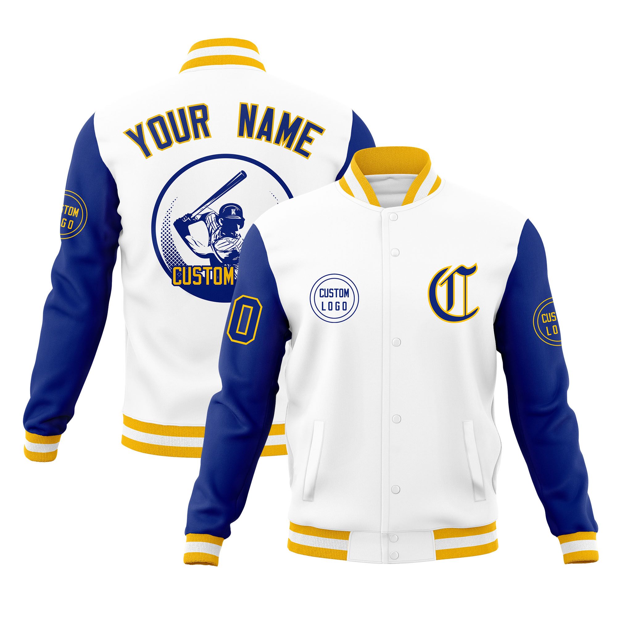 Custom White Royal Raglan Sleeves Full-Snap Varsity Personalized Letterman Baseball Coats Jacket