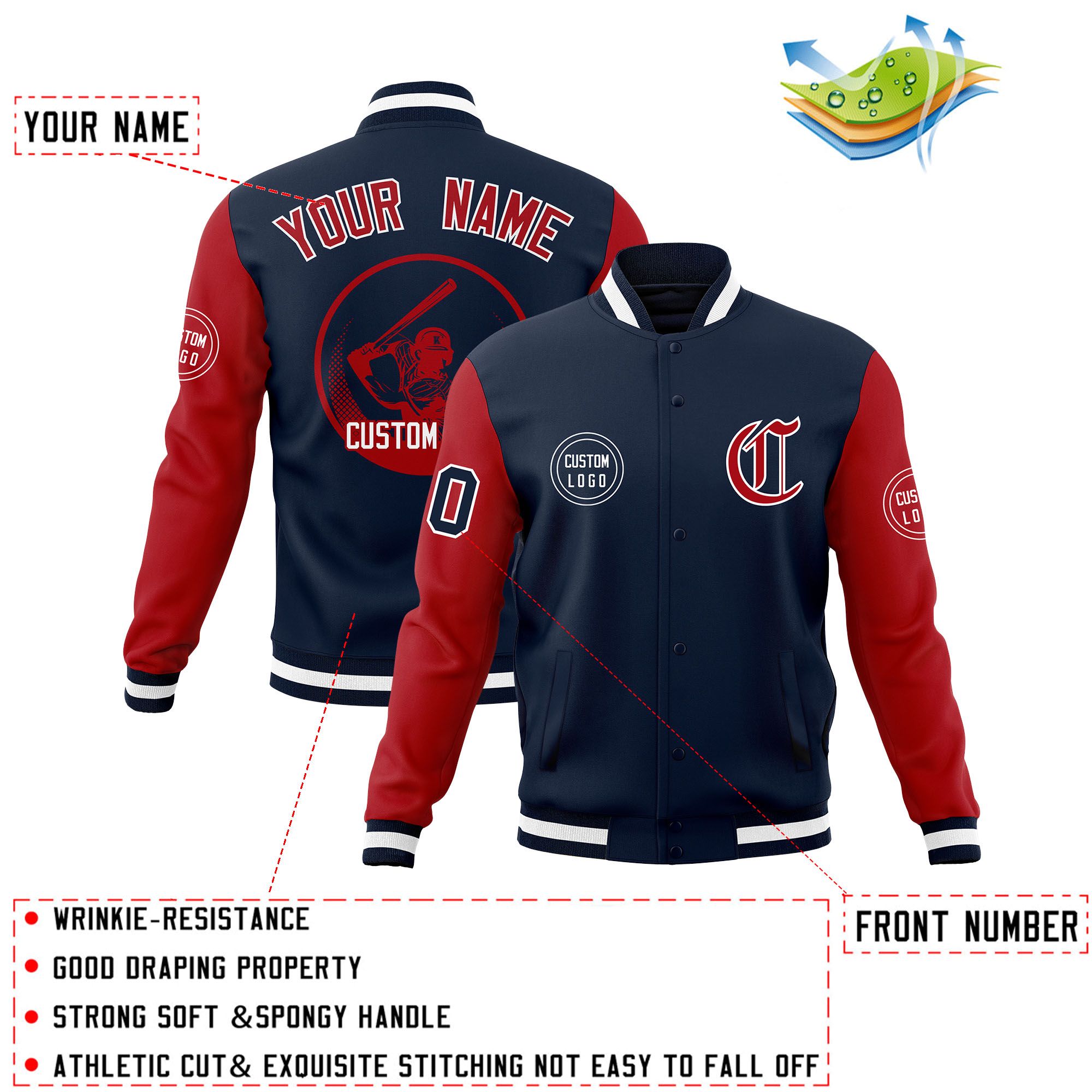 Custom Navy Red Raglan Sleeves Full-Snap Varsity Personalized Letterman Baseball Coats Jacket