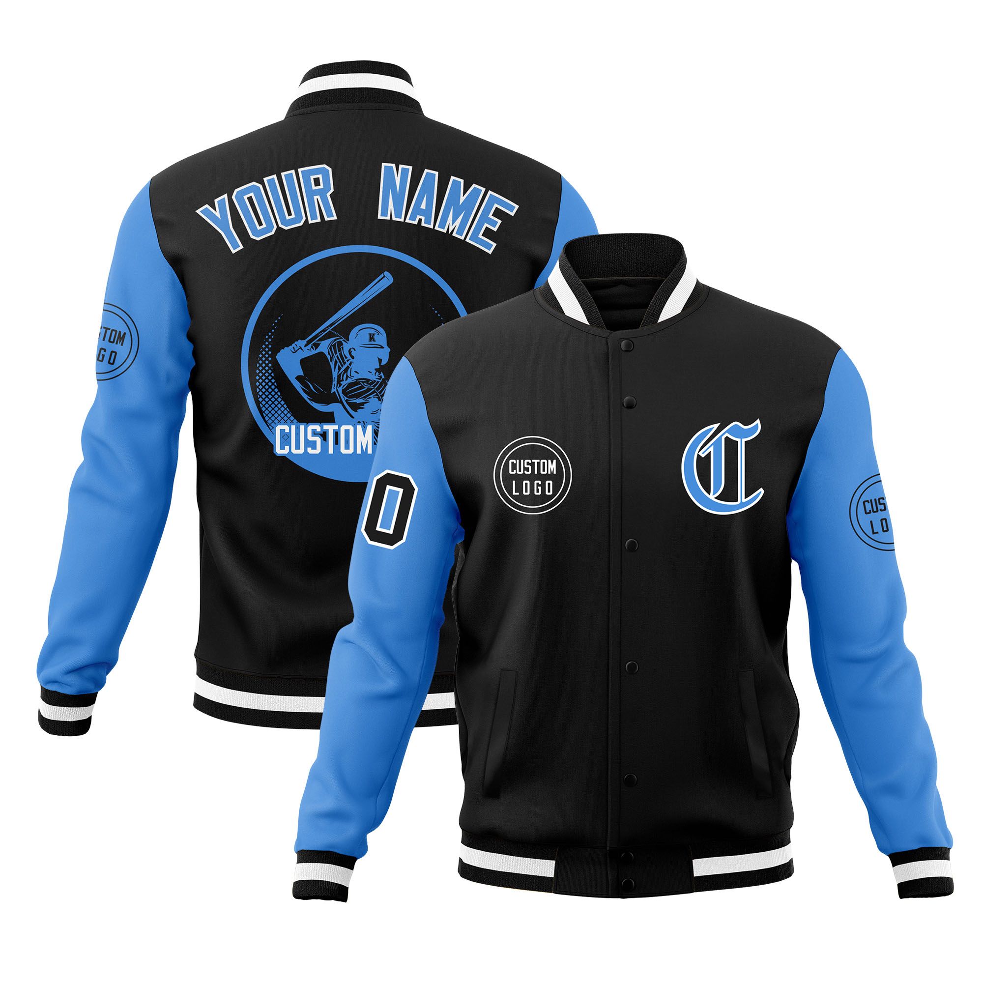 Custom Black Powder Blue Raglan Sleeves Full-Snap Varsity Personalized Letterman Baseball Coats Jacket