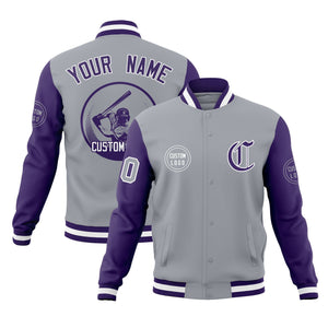 Custom Gray Purple Raglan Sleeves Full-Snap Varsity Personalized Letterman Baseball Coats Jacket