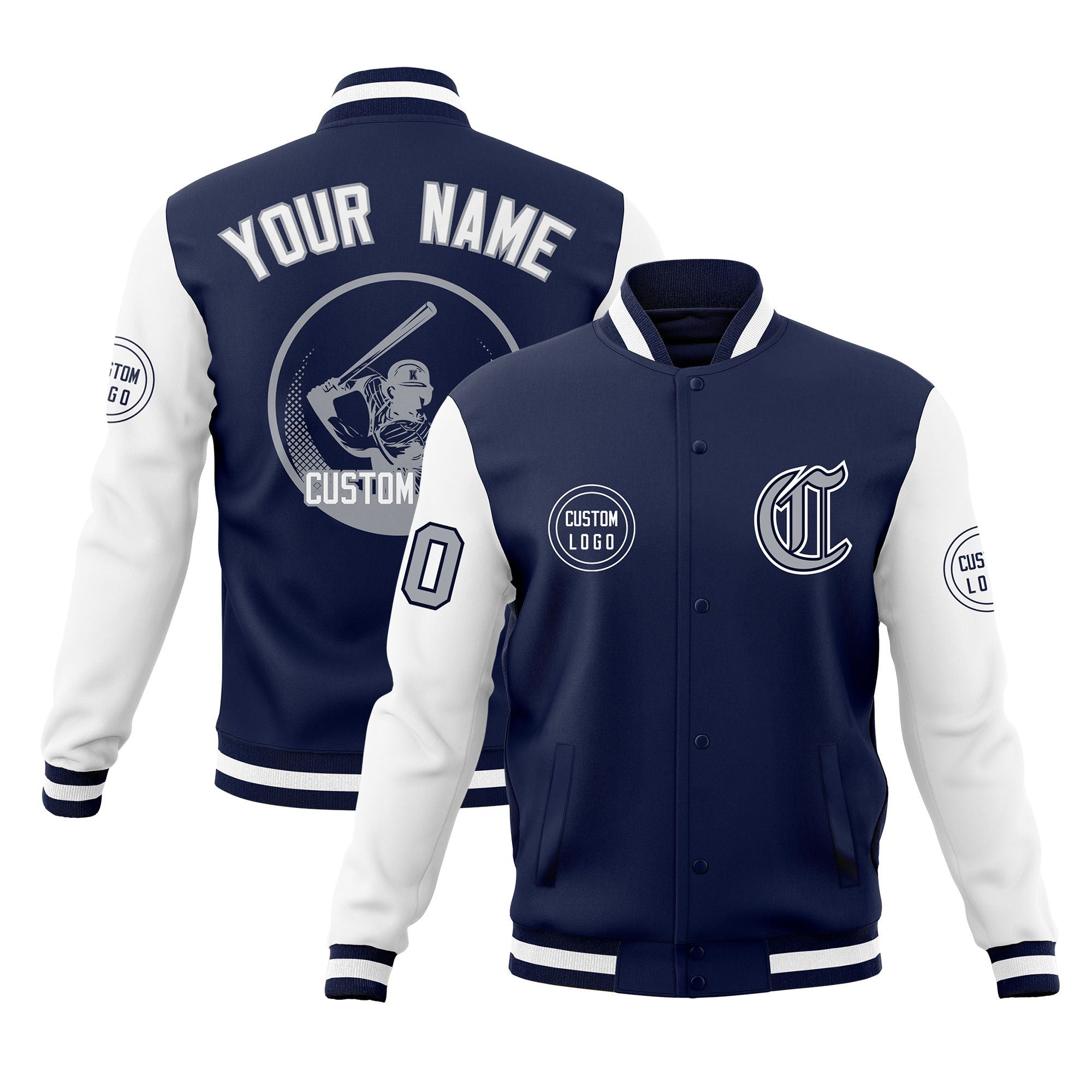 Custom Navy White Raglan Sleeves Full-Snap Varsity Personalized Letterman Baseball Coats Jacket