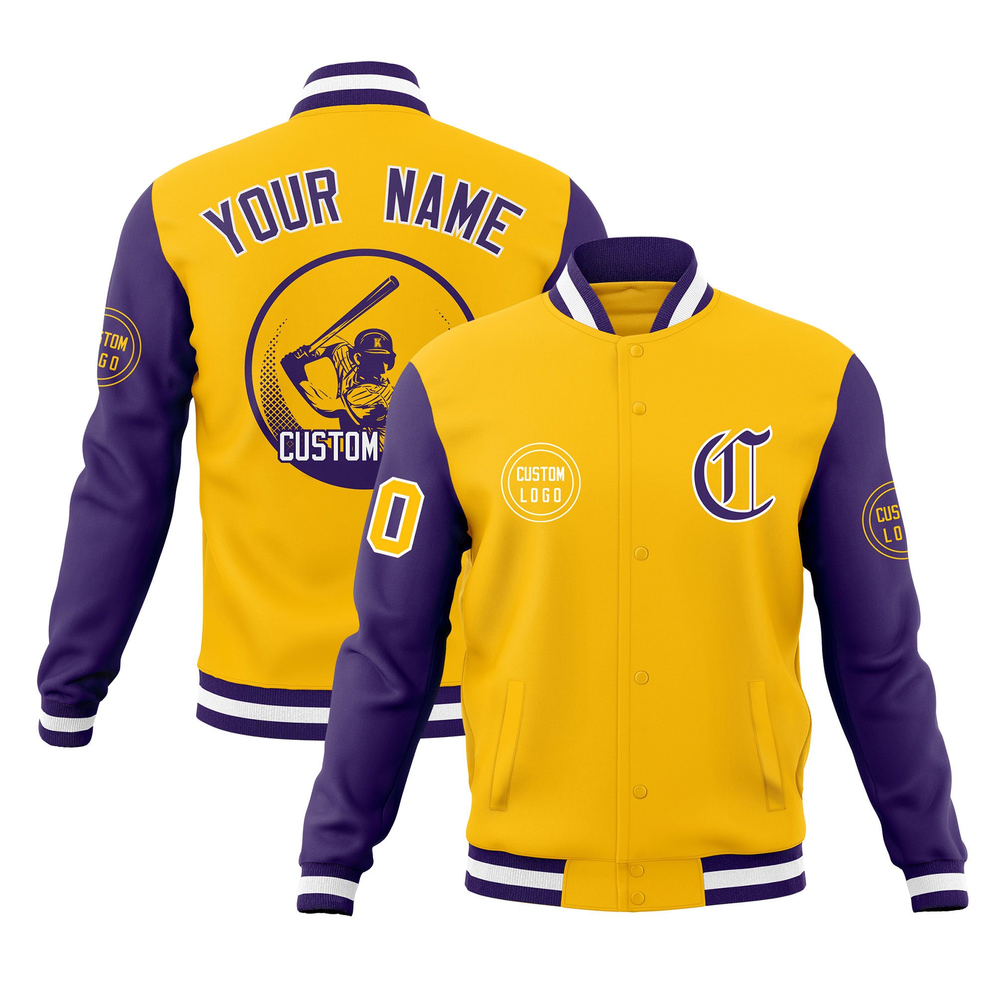 Custom Gold Purple Raglan Sleeves Full-Snap Varsity Personalized Letterman Baseball Coats Jacket