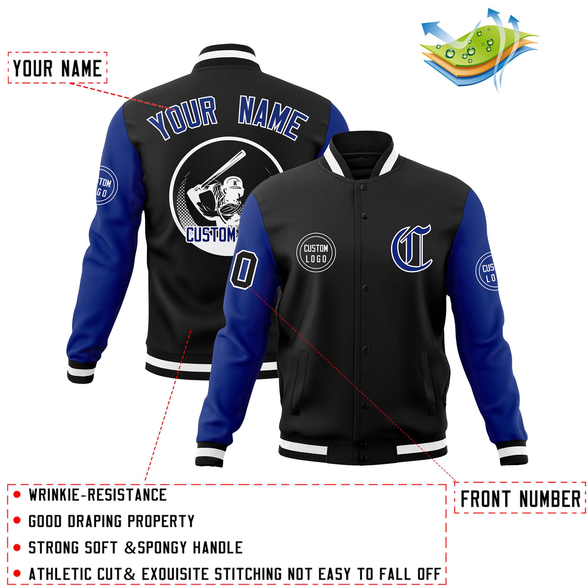 Custom Black Royal Raglan Sleeves Full-Snap Varsity Personalized Letterman Baseball Coats Jacket