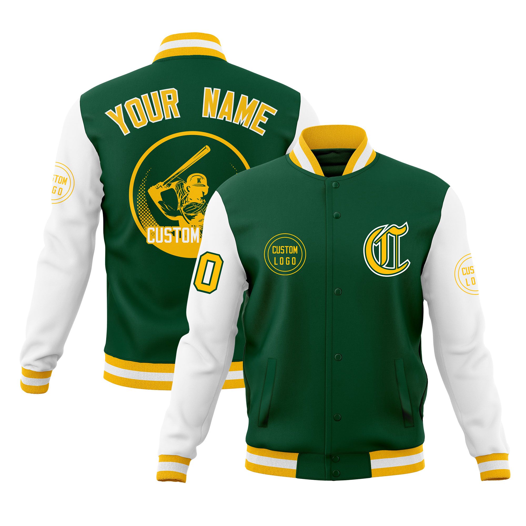 Custom Green White Raglan Sleeves Full-Snap Varsity Personalized Letterman Baseball Coats Jacket