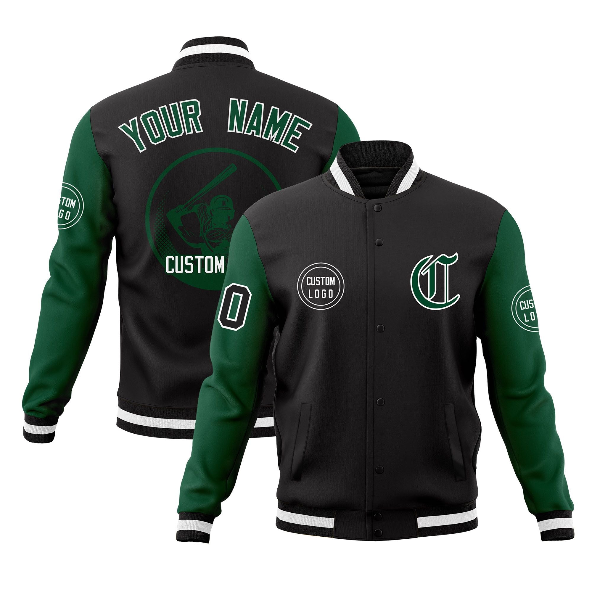 Custom Black Green Raglan Sleeves Full-Snap Varsity Personalized Letterman Baseball Coats Jacket