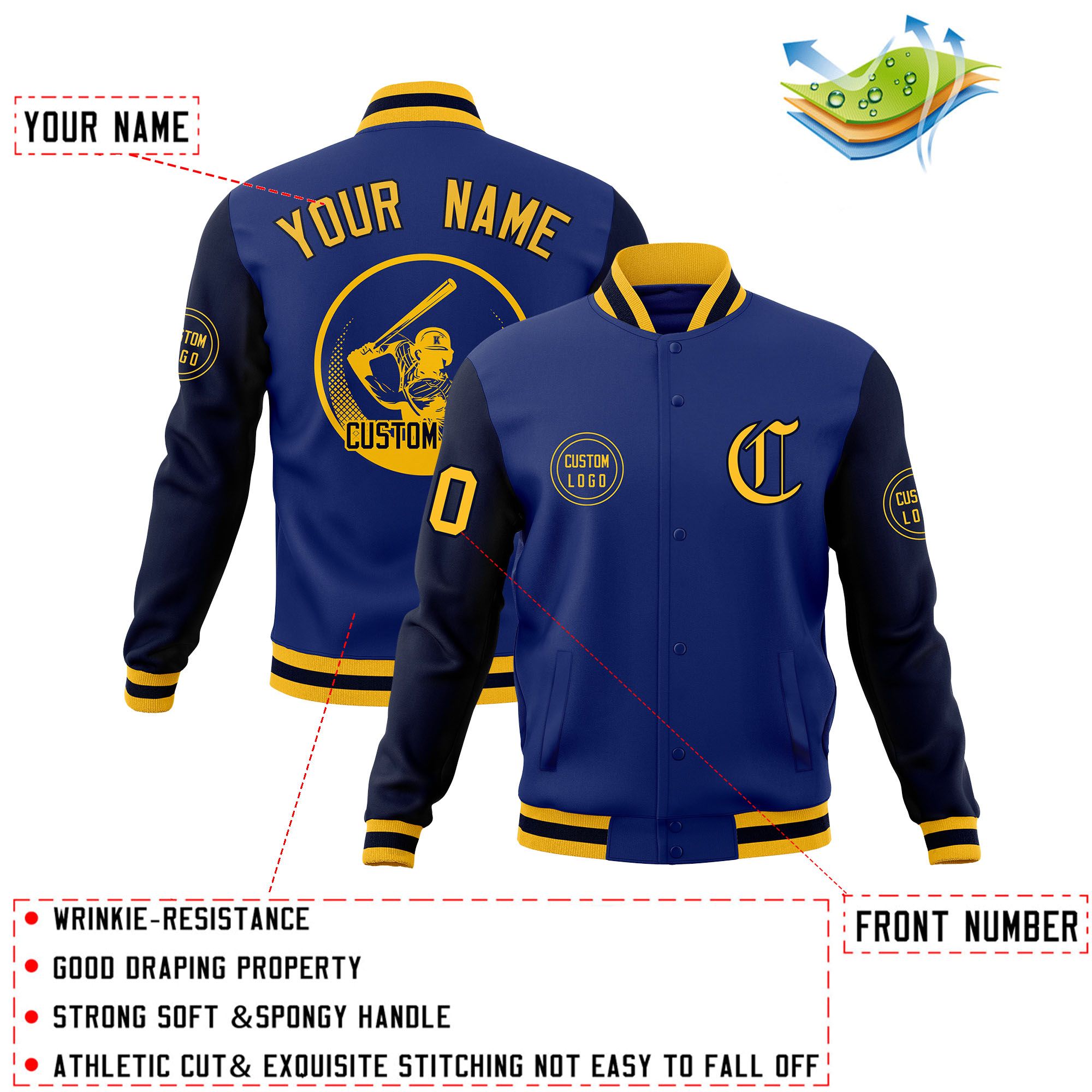 Custom Royal Navy Raglan Sleeves Full-Snap Varsity Personalized Letterman Baseball Coats Jacket