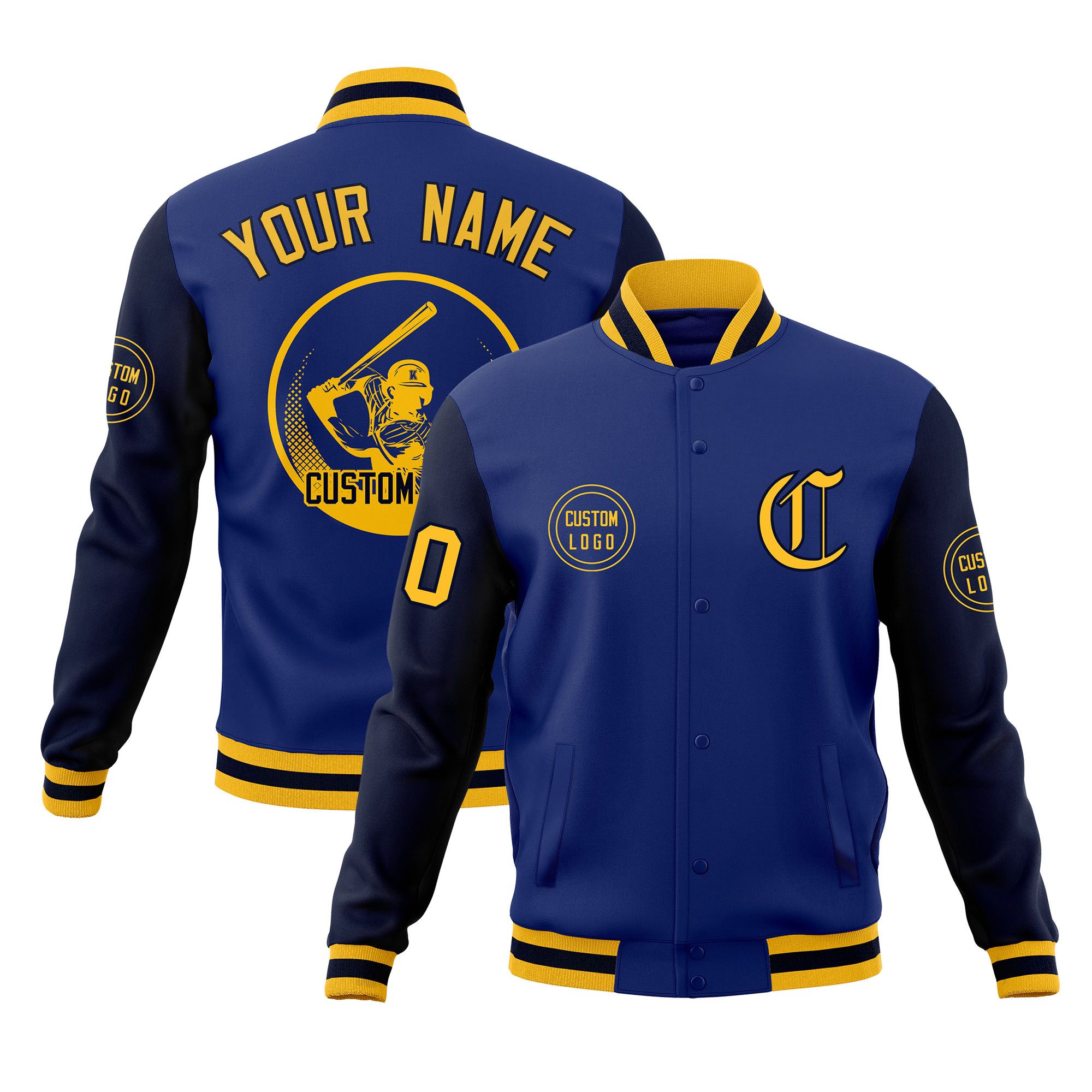 Custom Royal Navy Raglan Sleeves Full-Snap Varsity Personalized Letterman Baseball Coats Jacket