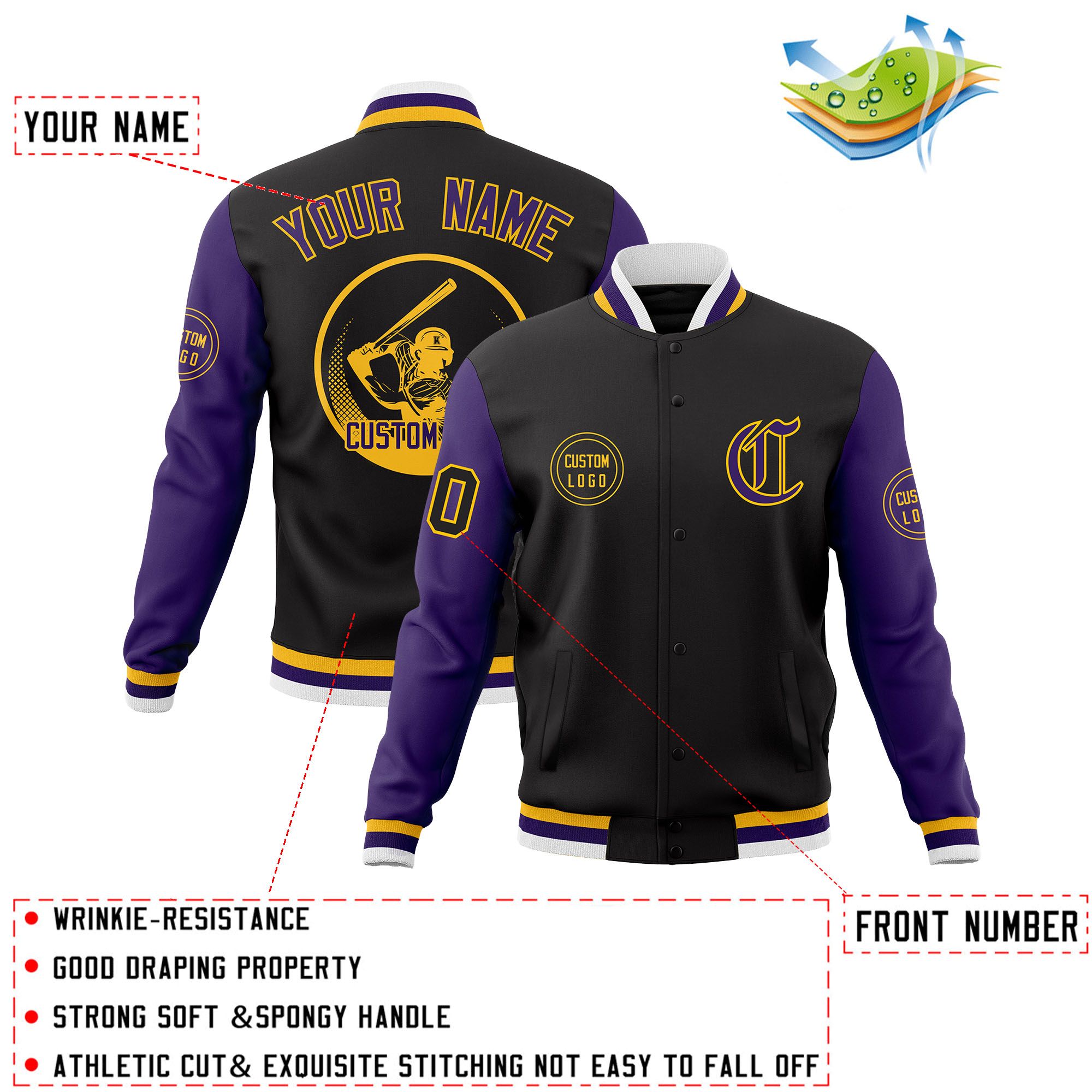 Custom Black Purple Raglan Sleeves Full-Snap Varsity Personalized Letterman Baseball Coats Jacket