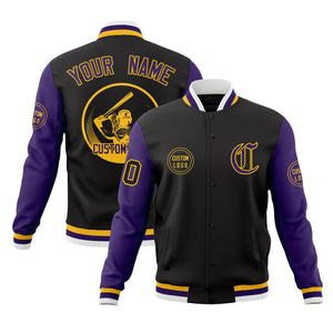 Custom Black Purple Raglan Sleeves Full-Snap Varsity Personalized Letterman Baseball Coats Jacket