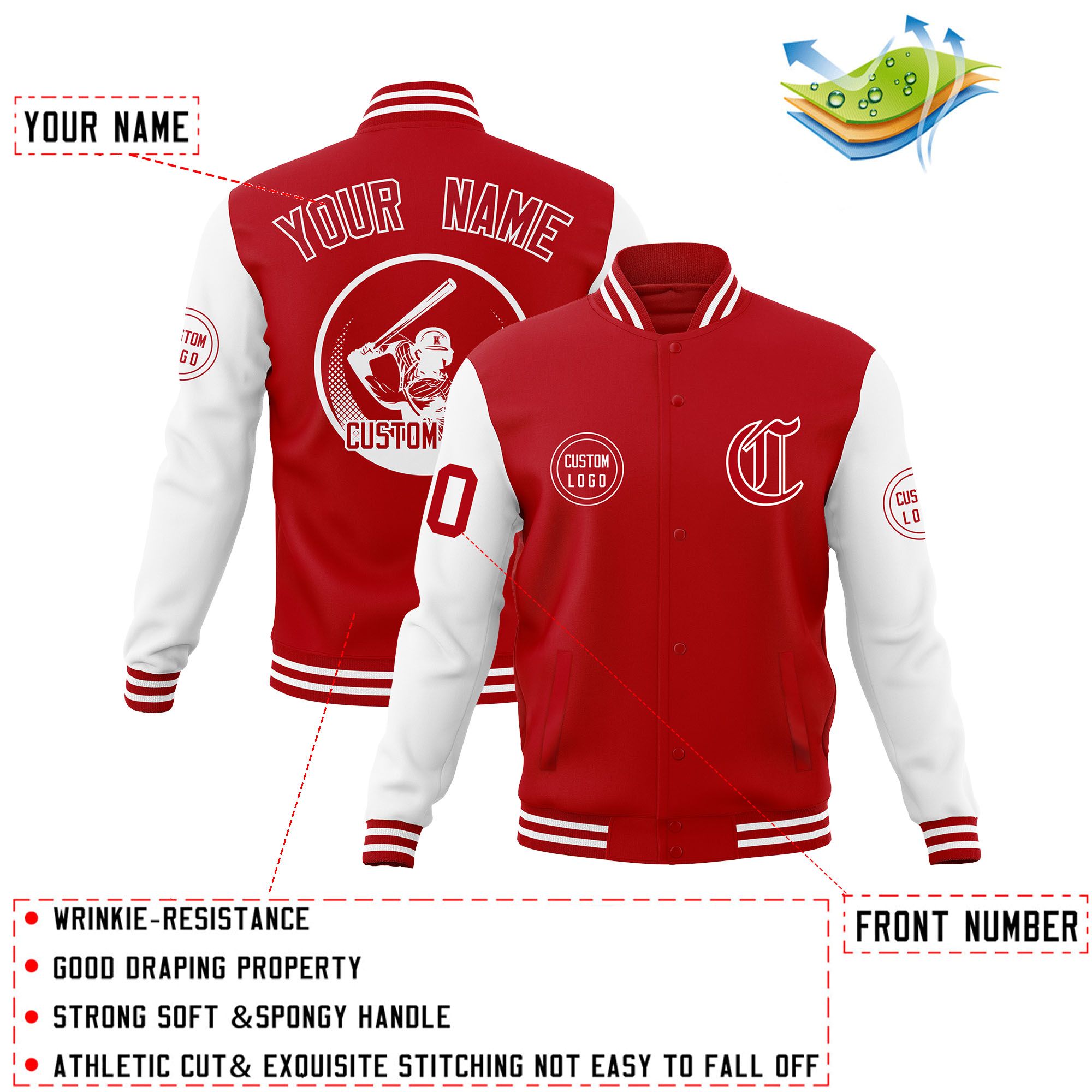 Custom Red White Raglan Sleeves Full-Snap Varsity Personalized Letterman Baseball Coats Jacket