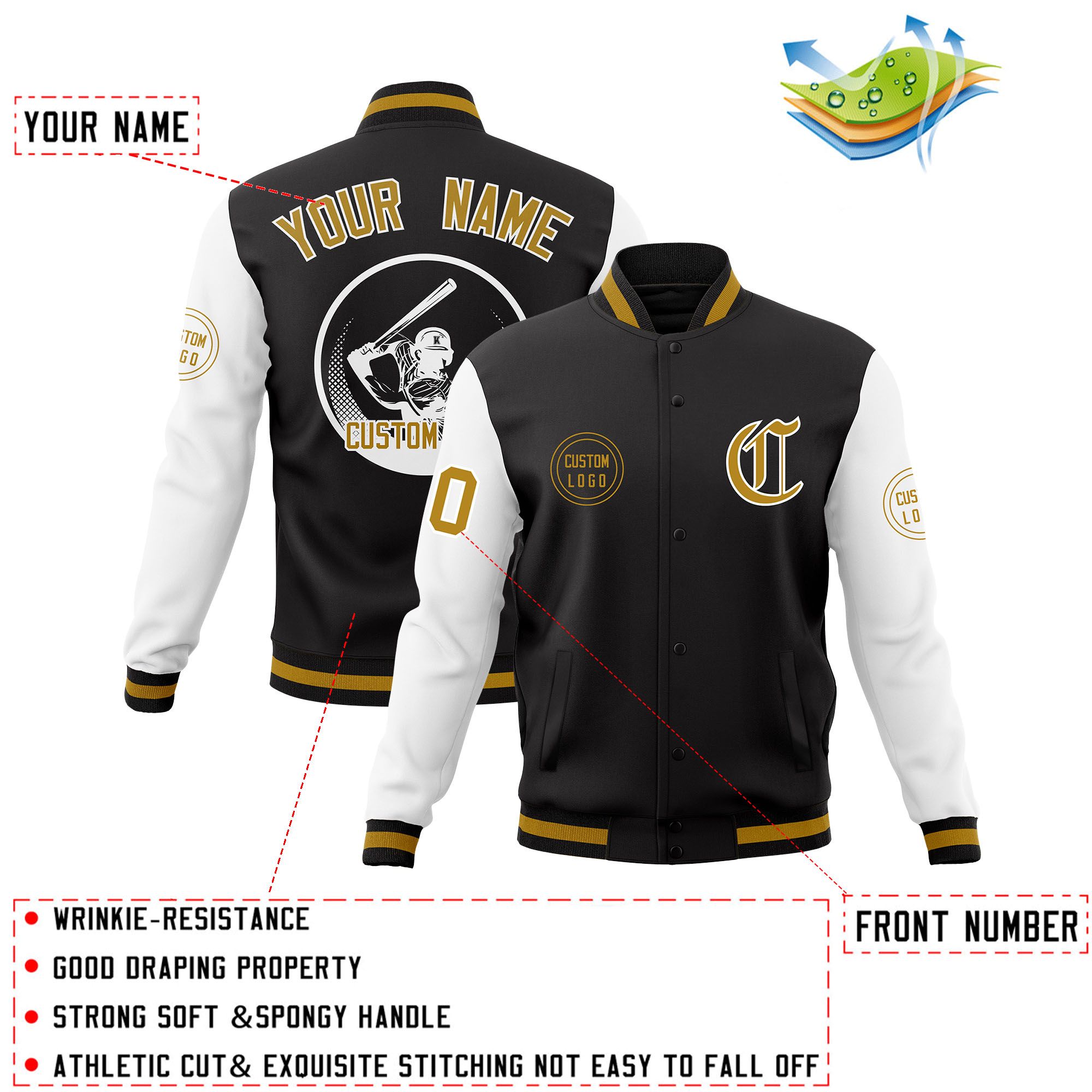 Custom Black White Raglan Sleeves Full-Snap Varsity Personalized Letterman Baseball Coats Jacket