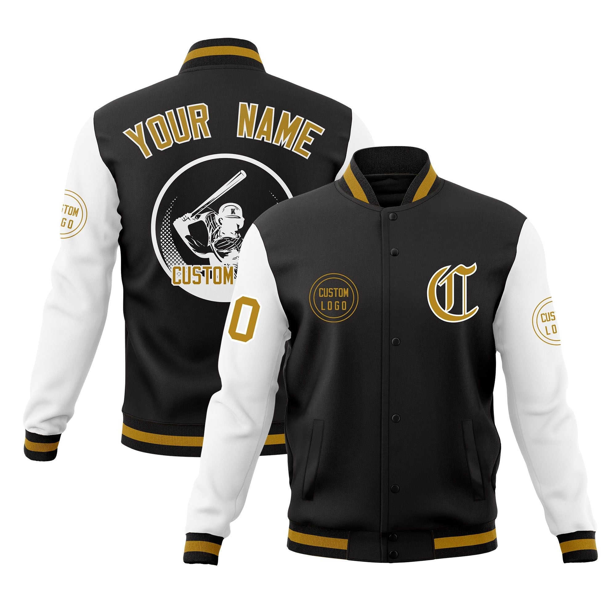 Custom Black White Raglan Sleeves Full-Snap Varsity Personalized Letterman Baseball Coats Jacket