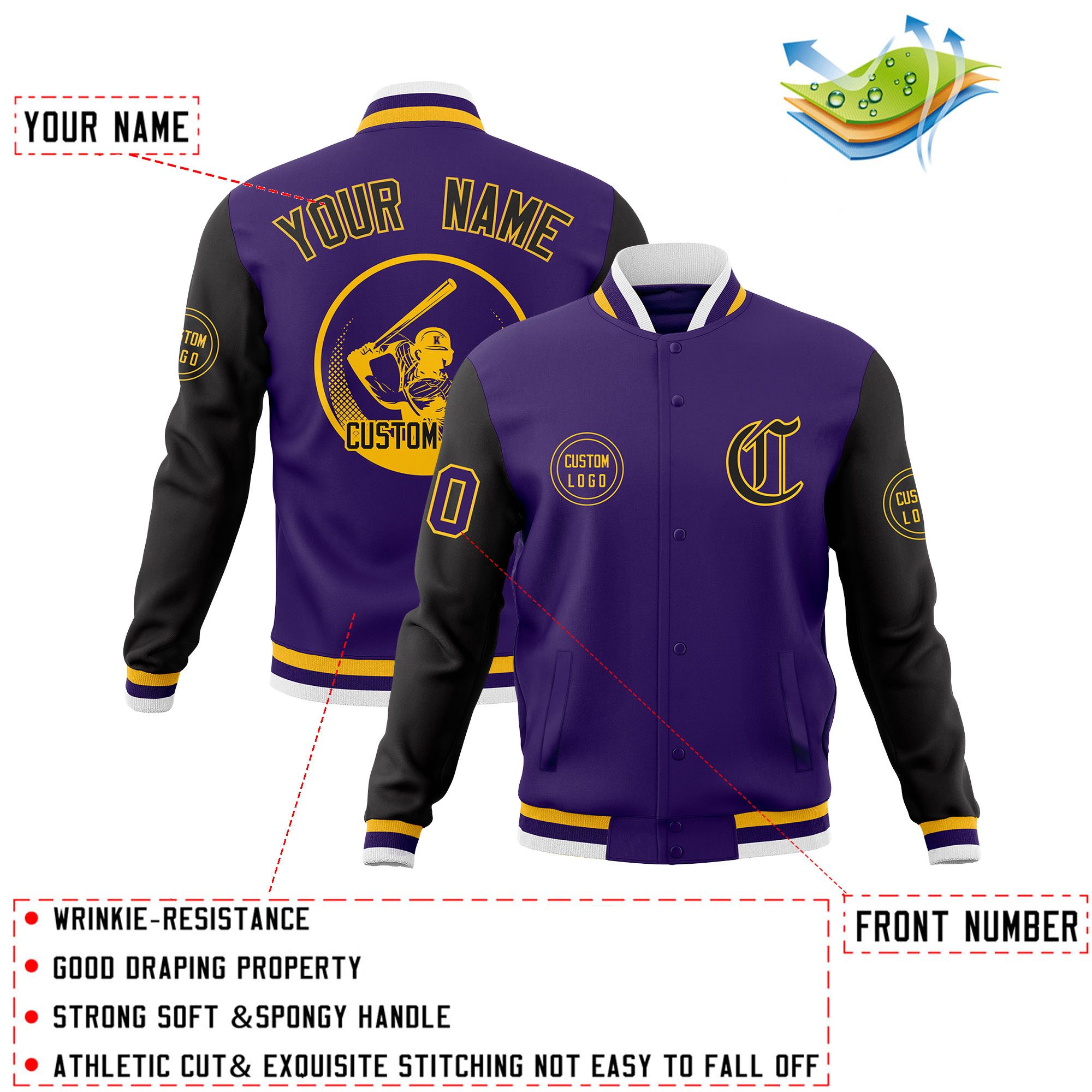 Custom Purple Black Raglan Sleeves Full-Snap Varsity Personalized Letterman Baseball Coats Jacket