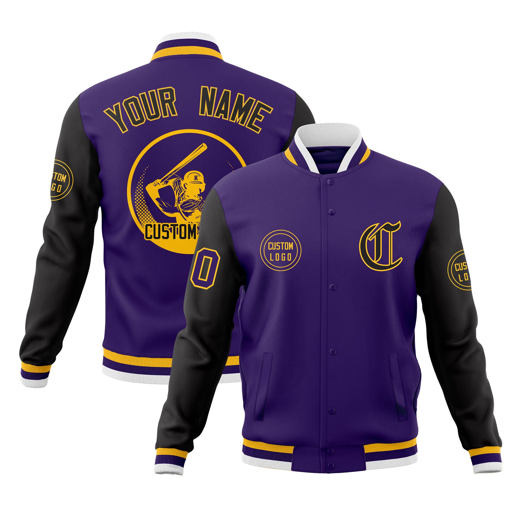 Custom Purple Black Raglan Sleeves Full-Snap Varsity Personalized Letterman Baseball Coats Jacket