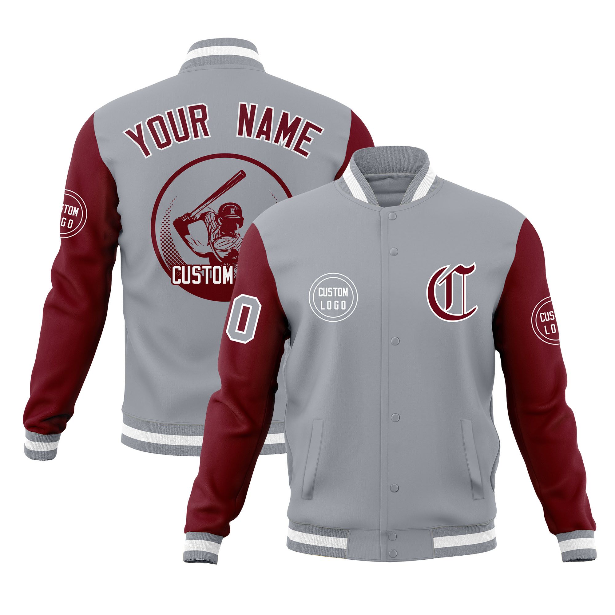 Custom Gray Crimson Raglan Sleeves Full-Snap Varsity Personalized Letterman Baseball Coats Jacket