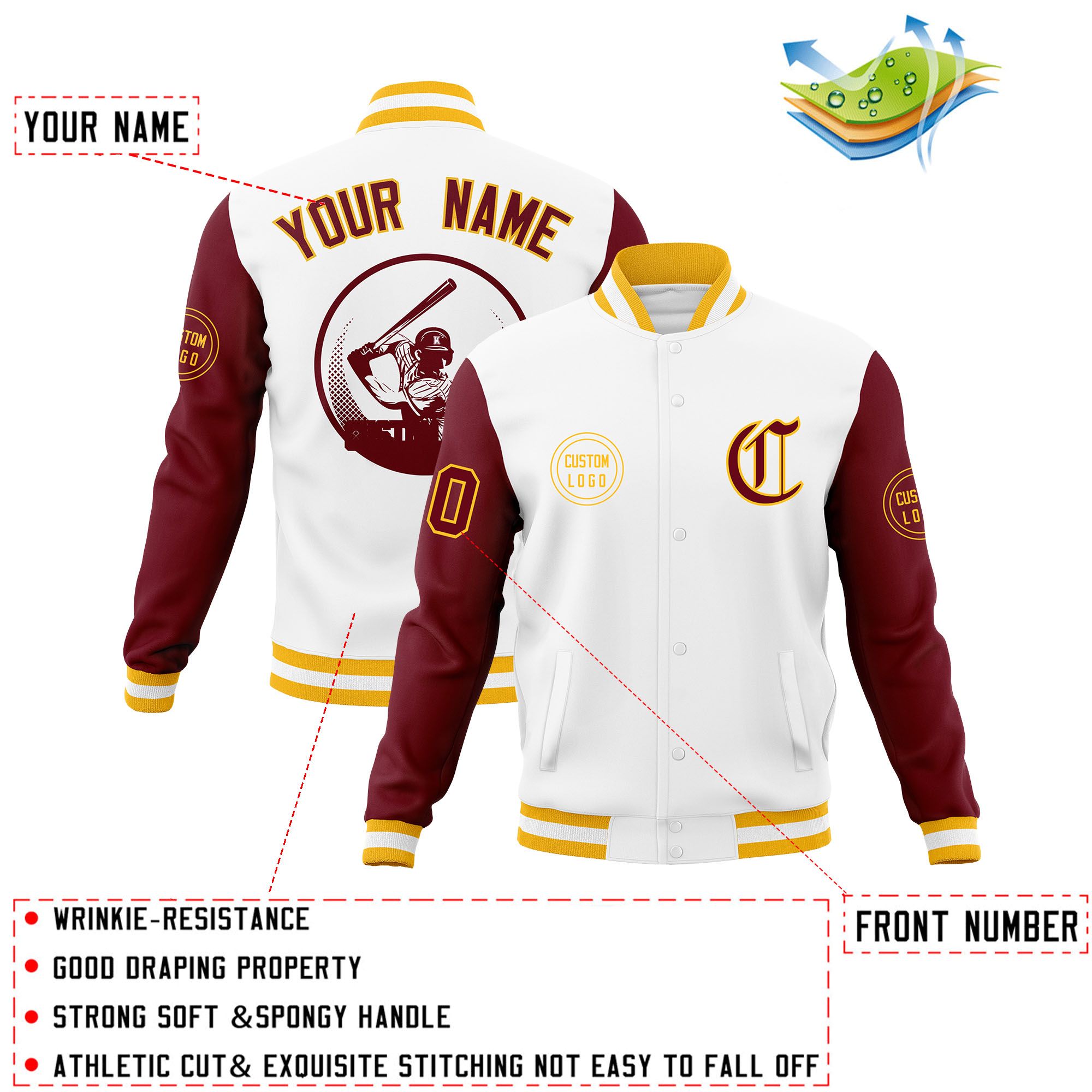 Custom White Crimson Raglan Sleeves Full-Snap Varsity Personalized Letterman Baseball Coats Jacket