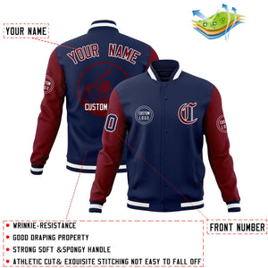 Custom Navy Crimson Raglan Sleeves Full-Snap Varsity Personalized Letterman Baseball Coats Jacket