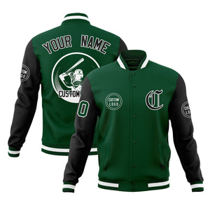 Custom Green Black Raglan Sleeves Full-Snap Varsity Personalized Letterman Baseball Coats Jacket