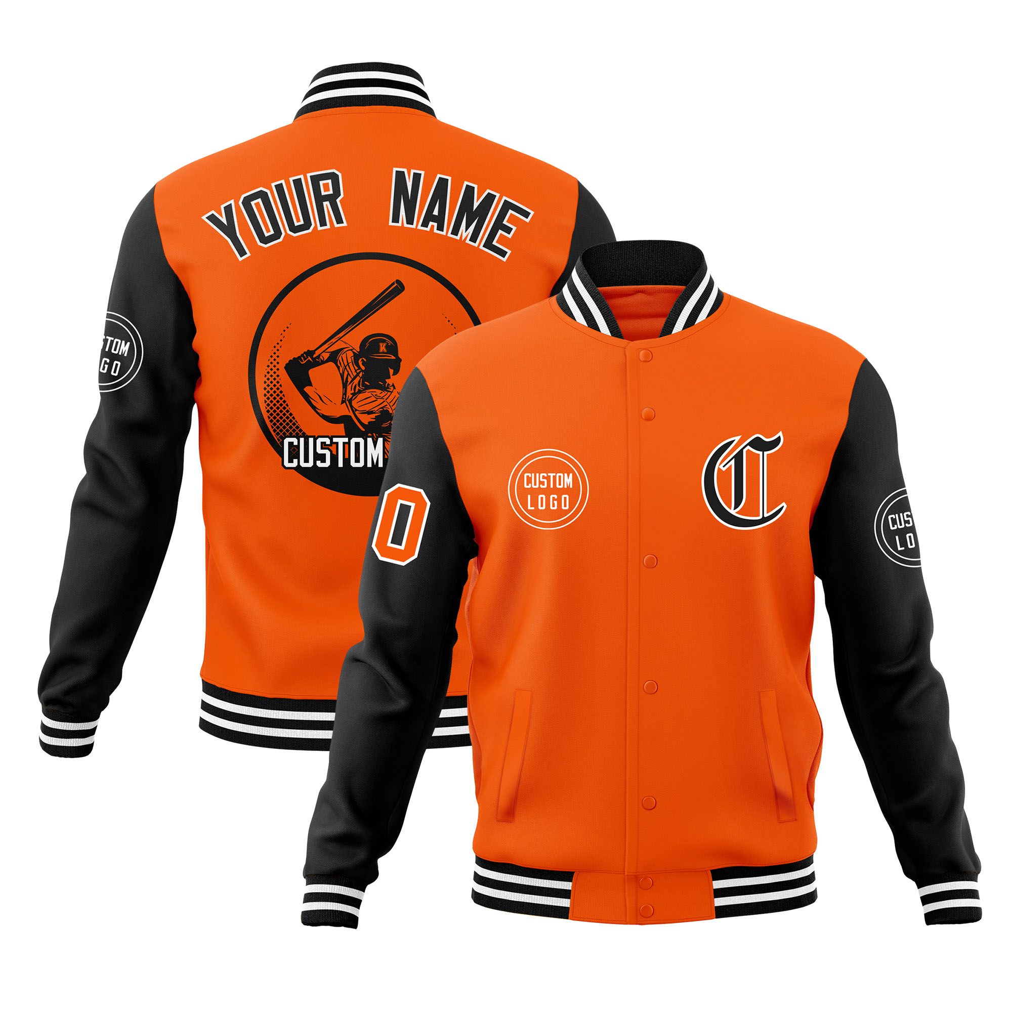 Custom Orange Black Raglan Sleeves Full-Snap Varsity Personalized Letterman Baseball Coats Jacket