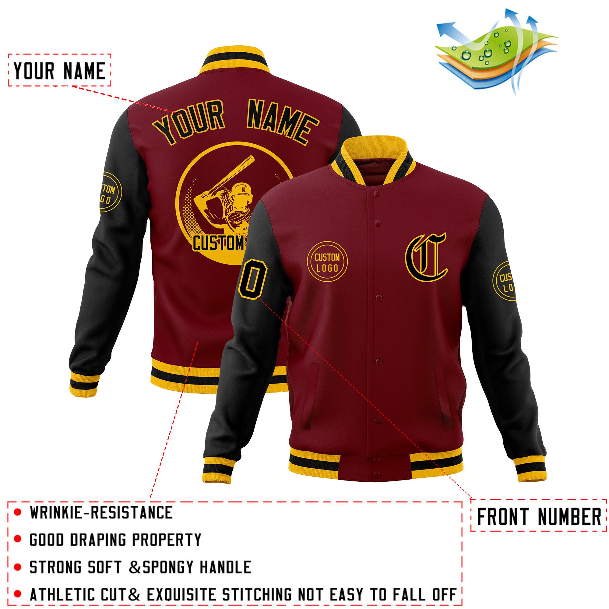 Custom Crimson Black Raglan Sleeves Full-Snap Varsity Personalized Letterman Baseball Coats Jacket