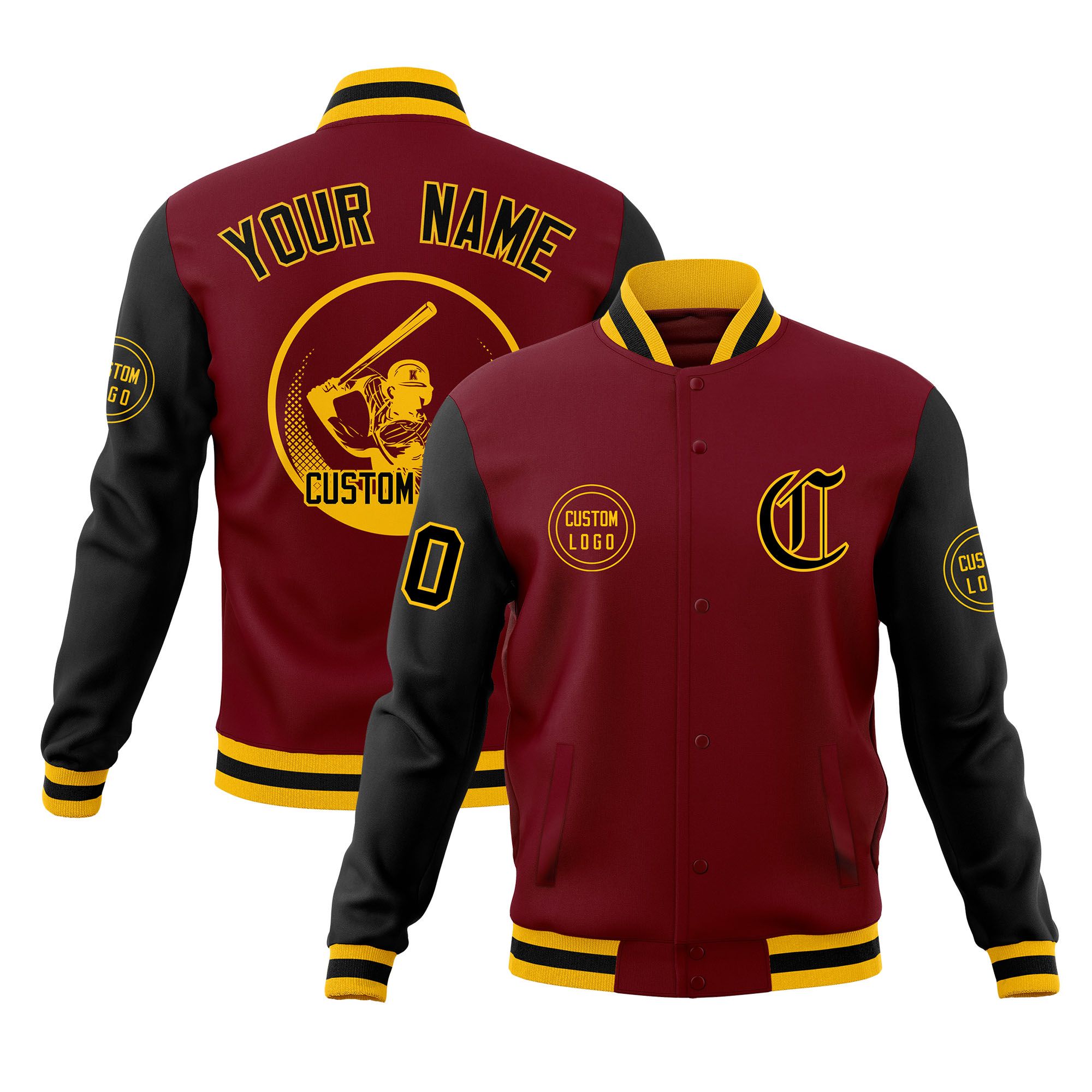 Custom Crimson Black Raglan Sleeves Full-Snap Varsity Personalized Letterman Baseball Coats Jacket