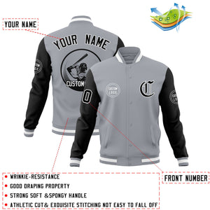 Custom Gray Black Raglan Sleeves Full-Snap Varsity Personalized Letterman Baseball Coats Jacket