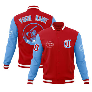 Custom Red Powder Blue Raglan Sleeves Full-Snap Varsity Personalized Letterman Baseball Coats Jacket